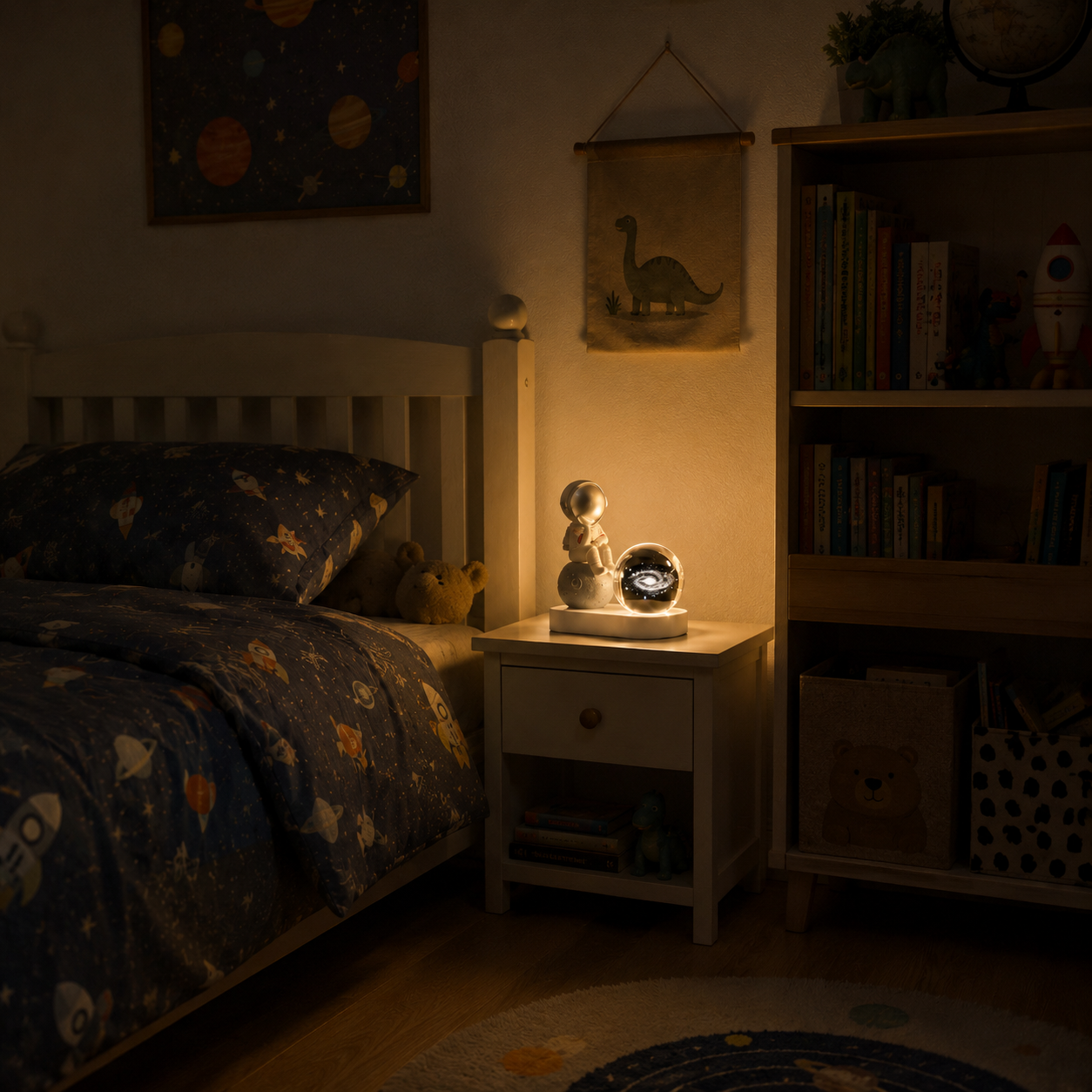 L&aacute;mpara astronauta iluminando una habitaci&oacute;n de noche